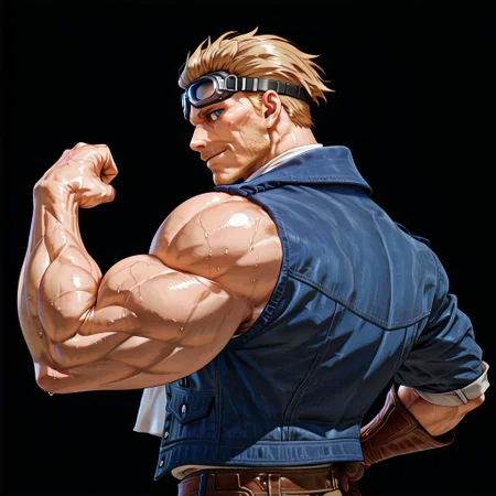RESET, score_9,score_8_up,score_7_up, Highest Quality, 4k, masterpiece, Amazing Details, best quality, detailed image, good illumination, source_furry, rating_explicit, proportionate body, BREAK, solo, daddy, high testosterone, bara, (hyper muscles:1.3), handsome, sexy, confident, badass, (sexy grin:1.0), (hyper pectorals:1.3), (hyper biceps:1.3), (looking at viewer:3.0), (black background:3.5), close up, (upper body focus:3.5), (six pack abs:1.3), (veiny muscle:1.3), (sweaty:1.3),
(detailed eyes:2.0), (detailed face:2.0), (perfect face:2.0), (perfect eyes:2.0),
(side view:4.0),
(standing:3.1),
(hand on hips:2.0), (flexing one hand:2.0),
CidHighwindFF, short hair, blonde hair, blue eyes, stubble, mature male, muscular, bandaid, aviator goggles,
blue denim jacket, white scarf, grey shirt, brown leather gloves, belt, brown pants, brown cross-laced boots,