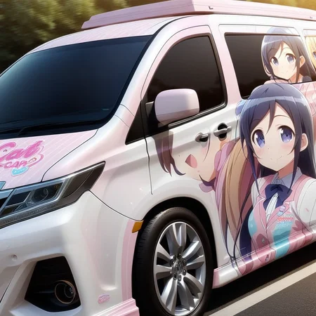 aragaki ayase,smile,vehicle focus, from side(lapping car,print car,painted car style),masterpiece,best quality, very aesthetic, absurdres, ultra detailed <lora:Ayase_Aragaki_-_Oreimo:0.7> <lora:lappingcar:1>