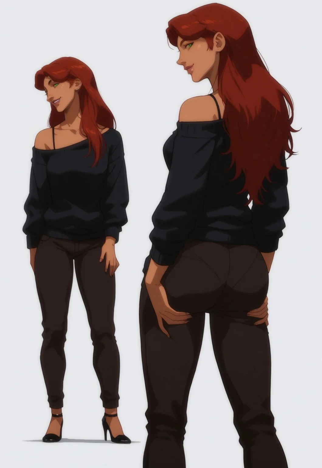 safe_pos, score_9, score_8_up, score_7_up, score_6_up,1girl, gotonai starfire casual, orange skin, (green eyes), medium breasts, (red hair), (long hair), bangs, sweater, pants, (off shoulder), off-shoulder sweater, (bra strap),,cowboy shot, looking at viewer, simple background, white background,standing,smile,high heels ,big ass, round ass, from behind,looking back, grabbing own ass, ass support,thicc, curvy,looking at viewer