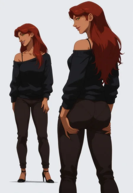 safe_pos, score_9, score_8_up, score_7_up, score_6_up,1girl, gotonai starfire casual, orange skin, (green eyes), medium breasts, (red hair), (long hair), bangs, sweater, pants, (off shoulder), off-shoulder sweater, (bra strap),,cowboy shot, looking at viewer, simple background, white background,standing,smile,high heels ,big ass, round ass, from behind,looking back, grabbing own ass, ass support,thicc, curvy,looking at viewer