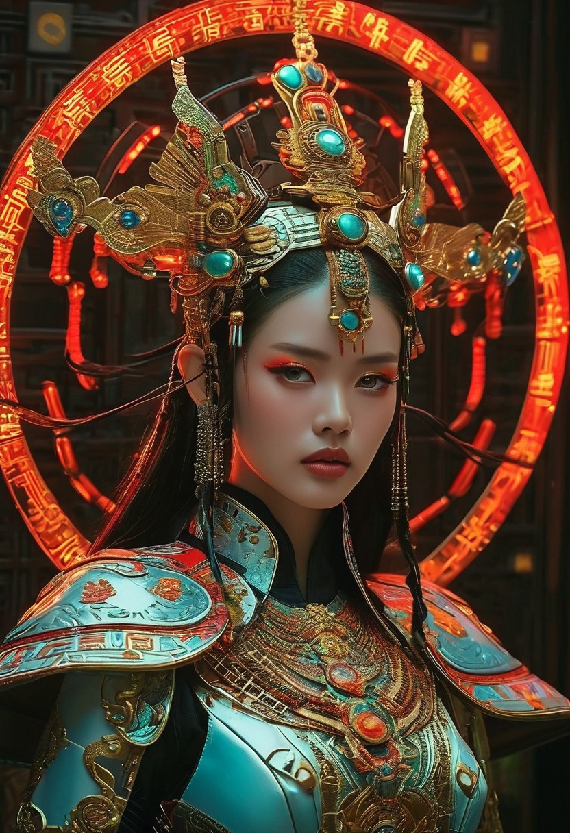 (Soft Lighting Photography by Mimoza Veliu and Mario Giacomelli:1.2), NSFW, a futuristic, cyberpunk-inspired figure resembling an empress or deity, adorned with intricate, glowing armor and headgear. The character has sharp, red, glowing eyes that stand out against pale skin, giving an intense and otherworldly look. The headpiece is a highly detailed structure featuring mechanical and ornamental elements, with metallic components and neon accents, forming an elaborate crown. A circular neon halo glows behind the figure’s head, enhancing the ethereal and divine atmosphere. The clothing blends traditional Chinese elements, such as a robe with intricate embroidery, with high-tech, holographic materials. Flowing translucent fabrics are illuminated with bright blue lights, creating a striking contrast against the dark background. The overall aesthetic is a powerful combination of ancient Chinese culture and futuristic cybernetic design