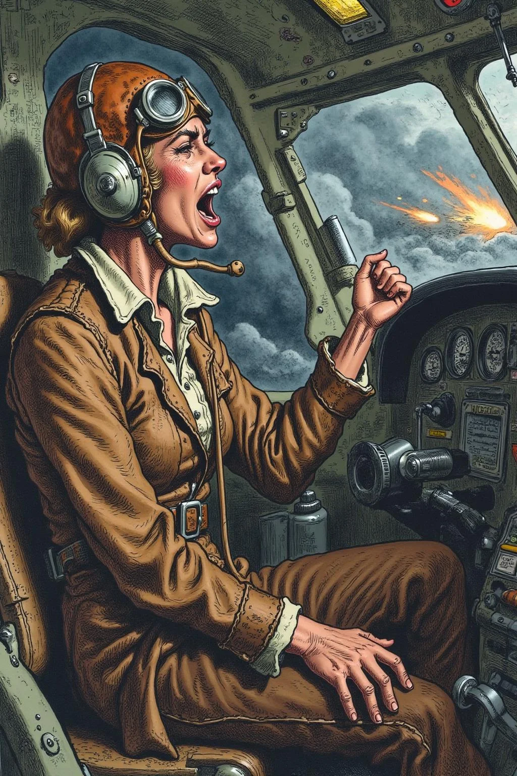 gusdore1illustration. a female pilot screaming inside the cockpit of a WWII bomber. The pilot, wearing a vintage leather flight helmet with goggles and a brown bomber jacket, grips the controls with white-knuckled hands. Her face is contorted in a mix of fear and determination as she yells, her eyes wide with adrenaline. The cockpit is cramped and filled with old-fashioned dials and gauges, with the outside view showing dark stormy clouds and distant anti-aircraft fire. The scene is lit by the eerie glow of the instrument panel, casting harsh shadows across her face, emphasizing the intensity and danger of the moment. High contrast, dynamic composition, gritty and realistic, with a cinematic feel. <lora:gusdore1_nocap_d4a2e8:1.0><lora:801220394095774982:0>