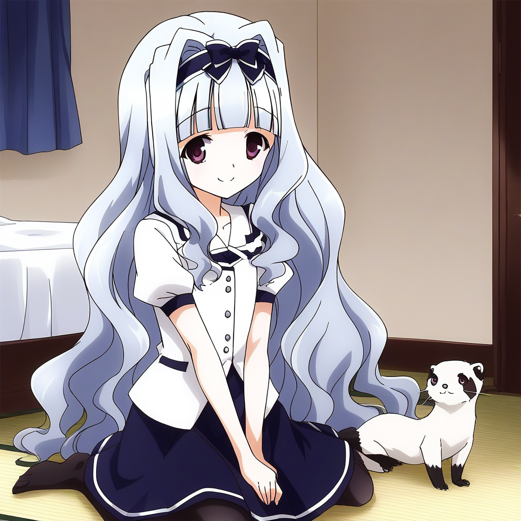 score_9, score_8_up, score_7_up, source_anime, rating_explicit, BREAK  <lora:Watayuki_Ver2.0_XL:1> Watayuki, hairband, very long hair, blue hair, grey hair, hair bow, purple eyes, wavy hair, flat chest, blunt bangs,
Watayuki, shijou takane, 1girl, sitting, bow, smile, pantyhose, skirt, seiza, solo, animal, hair intakes,ã
ferret, white_ferret,
room, flooring, curtain,