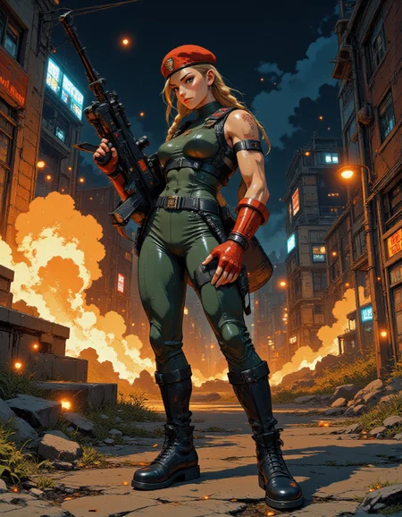 <lora:gc_vintage:1> vintage <lora:Fancha_style_v.5:1> Fancha style <lora:Anime v1.3:1> <lora:Street_Fighter_-_Cammy_White:1> SF-Cammy <lora:M134_Minigun_From_The_Hip_Flux:1>
