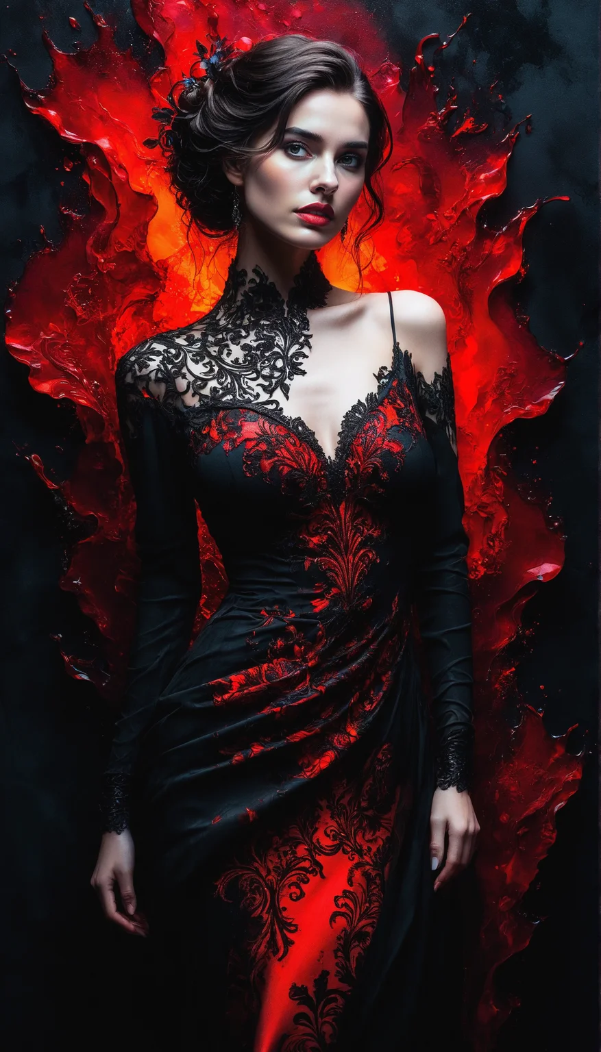 gothic style (Alcohol ink art) Silhouette Art, , a beautiful charming young lady, dark dim figure, slightly posing, a tight sleek strict dress. bright red backlight illuminates elegant lady's silhouette, (bright glowing red contour and outline), elegant amazing and sensual look. (very dark foreground, black solid background) detailed, high quality, high resolution, contrast, dark color palette with bright red accents.
<lora:InkArtXL_1.2:0.4> , high contrast, well defined, Silhouette Art. Fluid and vibrant colors, unpredictable patterns, organic textures, translucent layers, abstract compositions, ethereal and dreamy effects, free-flowing movement, expressive brushstrokes, contemporary aesthetic, wet textured paper. . dark, mysterious, haunting, dramatic, ornate, detailed