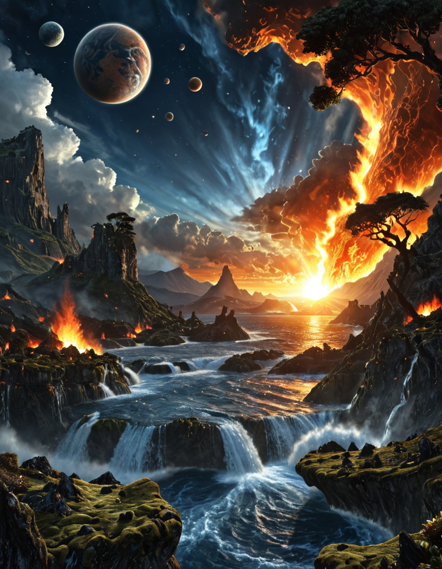 <lora:SW01v1-5xl:1> sw01p_illus, EFFD02, imagination, epic world, halos of light in the darkness of space, sunset, SE12, rich detailed sky, clouds, T10, landscape, mountains, waves, rocks, tree, vegetation, moss, rough sea, waterfall, blue, T1, white, dark blue, detailed fire planet,