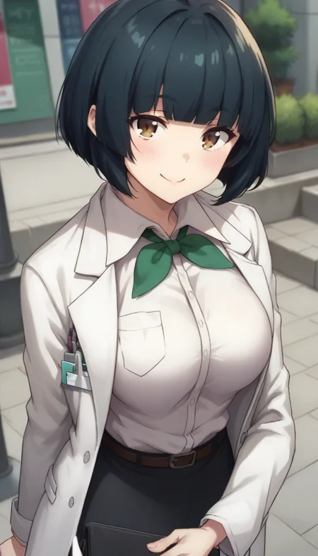 score_9,score_8_up,score_7_up,score_6_up BREAK official art,solo,outdoors,upper body,(portrait:1.5),looking at viewer,facing viewer,smile,blush,Ubukata,short hair,black hair,bob cut,blunt bangs,brown eyes,labcoat,green bowtie,white shirt,collared shirt,dress shirt,long sleeves,medium breasts,skindentation,shirt tucked in,belt,pencil skirt,black skirt,high heels,black footwear,<lora:Ubukata(rf)-Pony:1.4>,