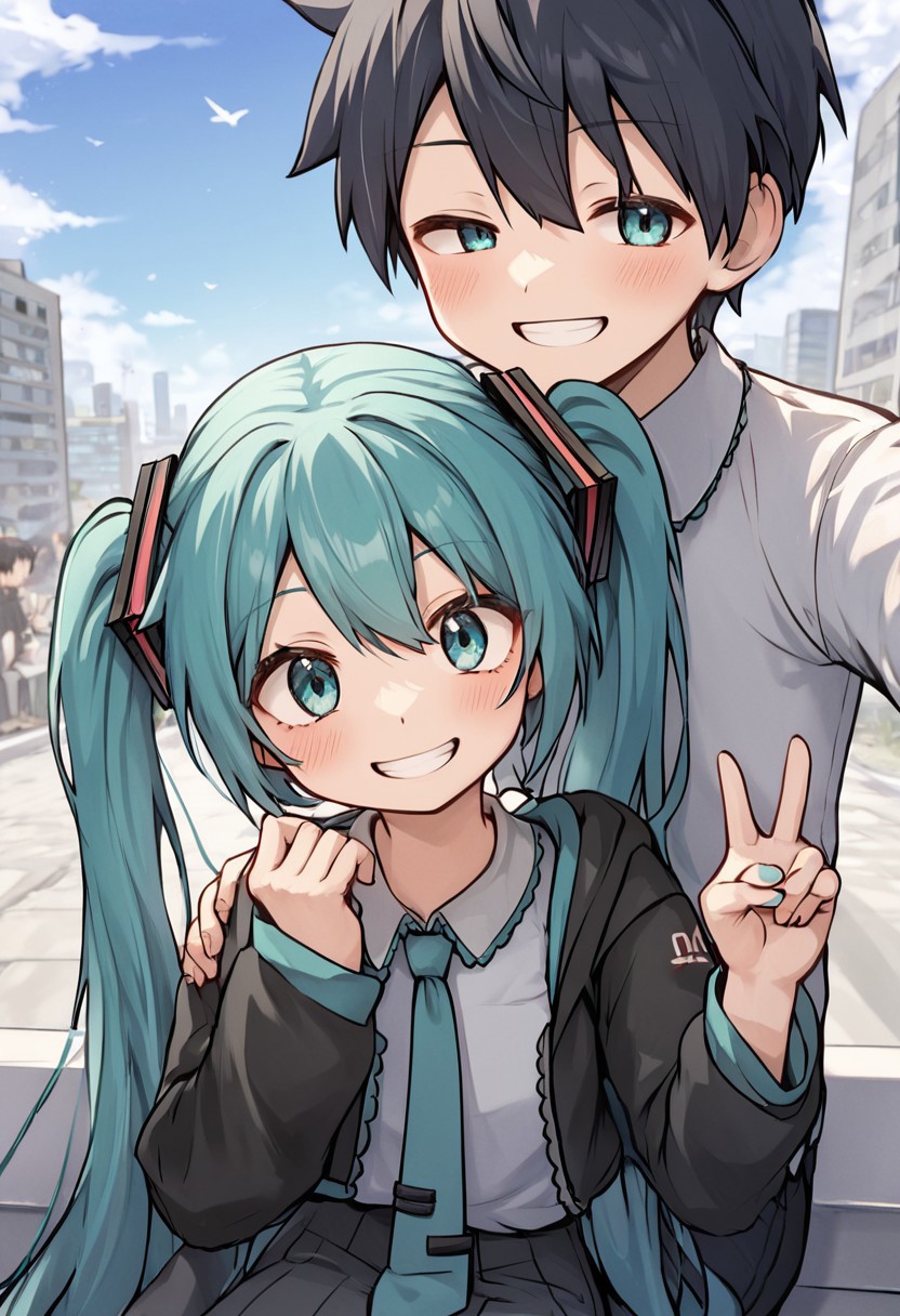 score_4,score_5,score_6,score_7_up,score_8_up,score_9 ((masterpiece,best quality,ultra detailed,highres,HD,4k:1.2)), 
chibi,upper body,deformed,| |,
1 girl and 1 boy,hetero,girl focus,
hatsune miku,absurdly long hair,aqua hair,twintails,hair ornament,sidelocks,hair between eyes,parted bangs,aqua eyes,
black short hair boy,
day, outside, city, Couple Selfie, sitting, fully clothed, 
smile,happy,open eyes,Smiling with teeth showing, peace sign,