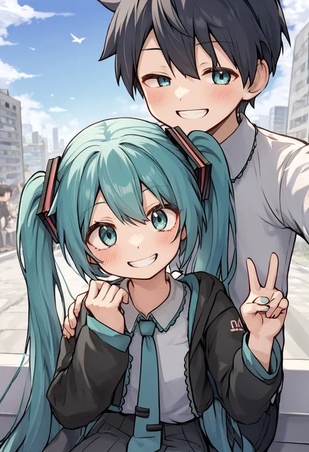 score_4,score_5,score_6,score_7_up,score_8_up,score_9 ((masterpiece,best quality,ultra detailed,highres,HD,4k:1.2)),
chibi,upper body,deformed,| |,
1 girl and 1 boy,hetero,girl focus,
hatsune miku,absurdly long hair,aqua hair,twintails,hair ornament,sidelocks,hair between eyes,parted bangs,aqua eyes,
black short hair boy,
day, outside, city, Couple Selfie, sitting, fully clothed,
smile,happy,open eyes,Smiling with teeth showing, peace sign,
