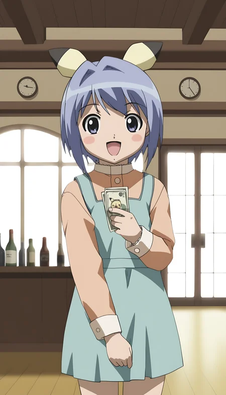 score_9, source_anime BREAK, oldest, anime screencap, indoors, living room, day, sunlight, <lora:Fuyuno Yoshikawa(pony)-11:1>FuyunoYoshikawa, short hair, blue hair, animal ears, pikachu, hair ornament, hair intakes,
pinafore dress, aqua dress, shirt, light orange shirt, long sleeves, collared shirt, chibi, looking at viewer, pose, dollar bill, holding, holding money, ((gold bar, gold bar on floor)), happy,