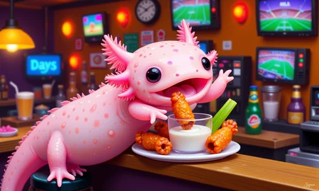 pikaole, axolotl, high-angle shot of a pink axolotl in a miniature sports bar, sitting on a tiny bar stool and holding a plate with mini hot wings and celery sticks; its round black eyes light up as it dips a wing into a small cup of ranch dressing, frilly gills swaying in excitement; tiny TVs showing sports games and neon beer signs decorate the background, softened by a tilt-shift effect, capturing the lively and cozy atmosphere of a game-day hangout, happy axolotls<lora:Axomodel_Flux_V1.1.safetensors:0.85:0.85> <lora:Pikaole v2 (FLUX)_v2_E6.safetensors:0.75:0.75>