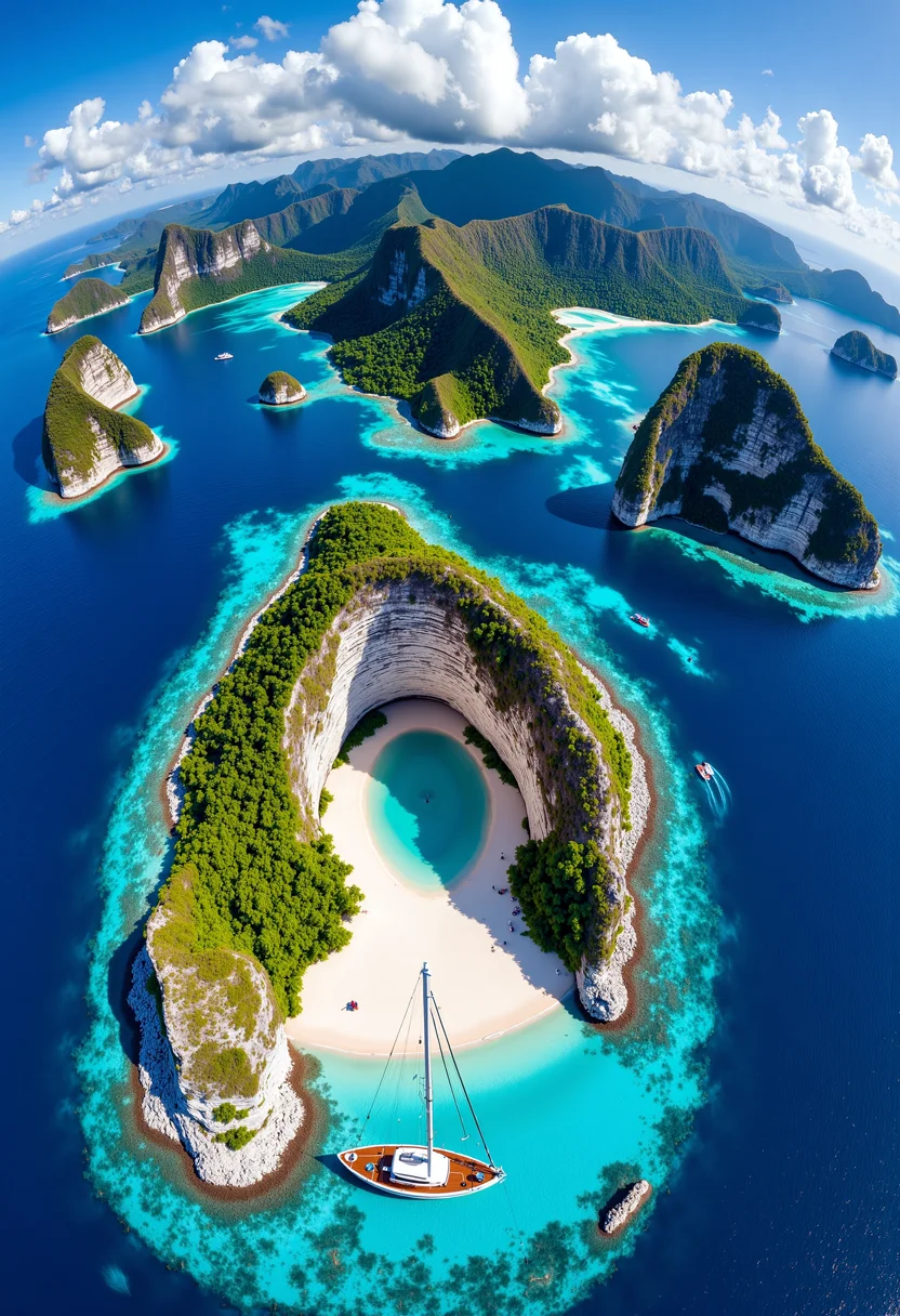 This is a high quality fine art photograph taken by drone, fisheye view, from high above a pleasure sailboat facing the ocean, using a powerful fisheye effect. Its white sails flutter in the wind and the deck of the boat is covered in mahogany wood. The boat sails in the middle of a heavenly circular cove open to the sea, a white sand beach surrounded by immense white limestone cliffs that plunge into the ocean. The waters are a vibrant and transparent turquoise. The surface of the water is calm, allowing us to see the sandy bottom through the extremely clear water. The sea stretches to the horizon, its vast expanse brushing a sky of a powerful and deep blue. In the distance, we can see several islands covered with lush, jungle-like vegetation, with huge and large white limestone cliffs, creating a breathtaking and unique landscape. The colors are vivid and the atmosphere is serene. This is a high-quality art photograph, fisheye view.