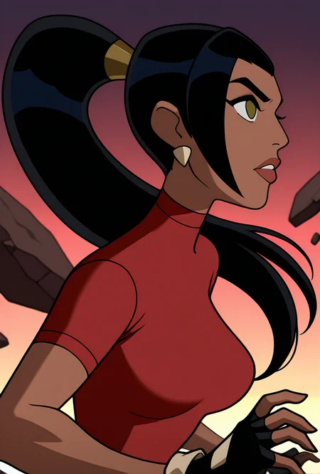 <lora:ovkai-10:1> ovkai, 1girl, long hair, black hair, dark skin, ponytail, earrings, lips, red shirt, short sleeves, turtleneck, fingerless gloves, cartoon, dynamic pose, action pose,