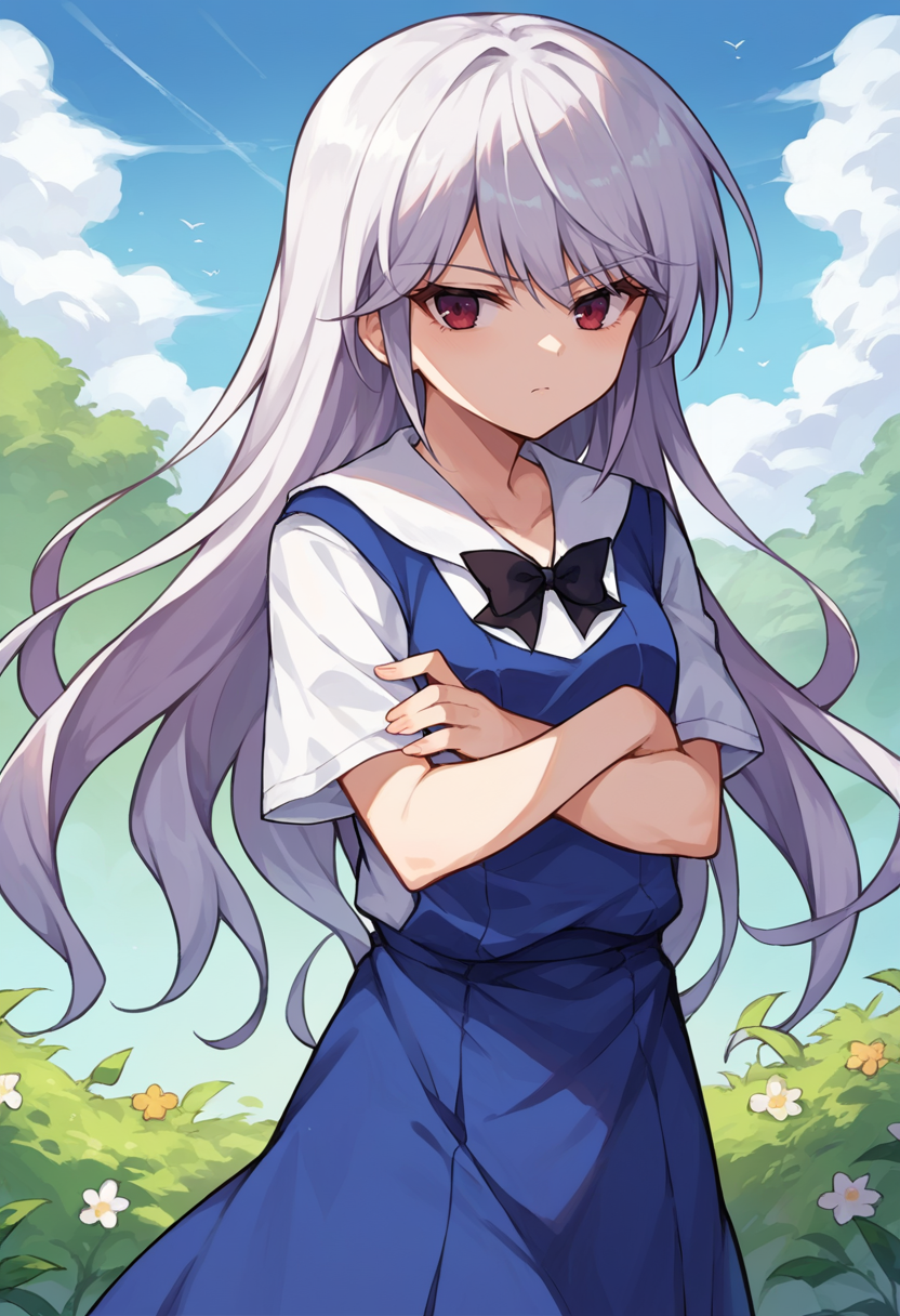 score_9, score_8_up, score_7_up, source_anime,  1girl,  <lora:KazukiV3-000008:1> kazami kazuki, silver hair, long hair, red eyes, white shirt, blue dress, black bow, crossed arms, outdoors,