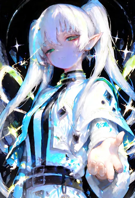 (masterpiece, best quality), amazing quality, very aesthetic, absurdres, highres, newest, HDR, 8K, high detail RAW color art, intricate details, high contrast, detailed background, large pupil, eyelashes, shiny skin, dak depth, low kye,
1girl, frieren,\(sousou no frieren\), green eyes, (eye trail:1.2), light ray, white hair, long hair, twintails, pointy ears, earrings, white capelet, striped shirt, long sleeves, belt, Dirty or torn clothing, Injury, one eye bleeding, reaching towards viewer, intense energy wave motion, A black hole, a blade of light, super-compressed in the palm of your hand, Ultra highly compressed black hole, blade of light, upper body, floating body, float, hollow, three-quarter view, dutch angle, foreshortening, looking at viewer, (prism), (schein flare), underlighting, dynamic pose, serious expression, closed mouth, energy wave, to many sparkle effect, (sparkle), (bluish-white flash), (battle effec), debris dancing violently, bloom effect, depth field, dappled light, broken effect, <lora:748cmSDXL:0.6>, <lora:薄塗り:0.45>, <lora:ponyv5_noobV065S_1:1>, <lora:spo_sdxl_10ep_4k:0.6>, <lora:GBF_Illustrious:0.4>, <lora:MeMaXL4:0.8>