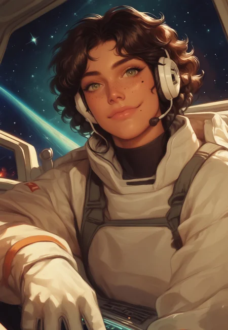 score_9, score_8_up, score_7_up, score_6_up, solo, detailed background, Semi-realism, PRSNL4 Style, very aesthetic, digital drawing, g0th1c, painterly, brushstrokes, detailed, dynamic angle, girl, dark skin, tanned, brown hair, fluffy curls, green eyes, freckles, moles, beauty mark, smile, astronaut, headset, looking at viewer, beautiful, gloves, BREAK nebula in background, space, rocket, spaceship, cockpit, detailed background, warm colors, detailed shading, masterpiece, high quality, insane details, from below, retro