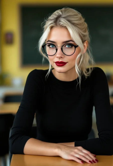 A photo of a young woman with platinum blonde hair wearing round glasses and a form-fitting black top. She is in a classroom setting with black and yellow walls. The woman is gazing seductively at the viewer with a soft smile and lustful eyes. Her dark red lipstick and piercing blue eyes create a sense of both seduction and sexiness.