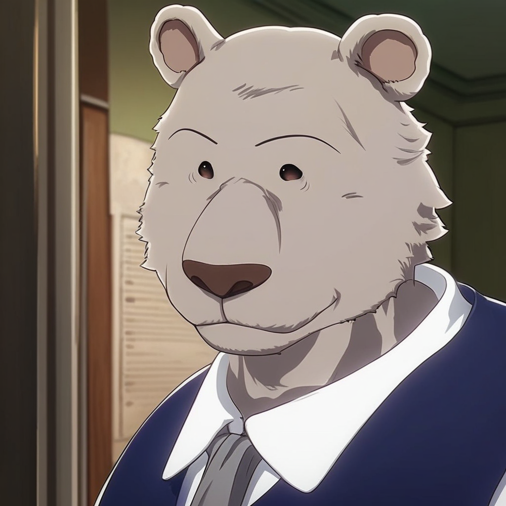 score_9_up, score_8_up, score_7_up, high quality, detailed, source_furry, male, solo male, 1boy, broad shoulders, mature male, brown eyes, athletic build, muscular male, round ears, bear, buff, gray body, blue vest, white collared shirt, gray tie, looking at viewer, smiling, bust shot, indoors
