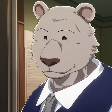 score_9_up, score_8_up, score_7_up, high quality, detailed, source_furry, male, solo male, 1boy, broad shoulders, mature male, brown eyes, athletic build, muscular male, round ears, bear, buff, gray body, blue vest, white collared shirt, gray tie, looking at viewer, smiling, bust shot, indoors