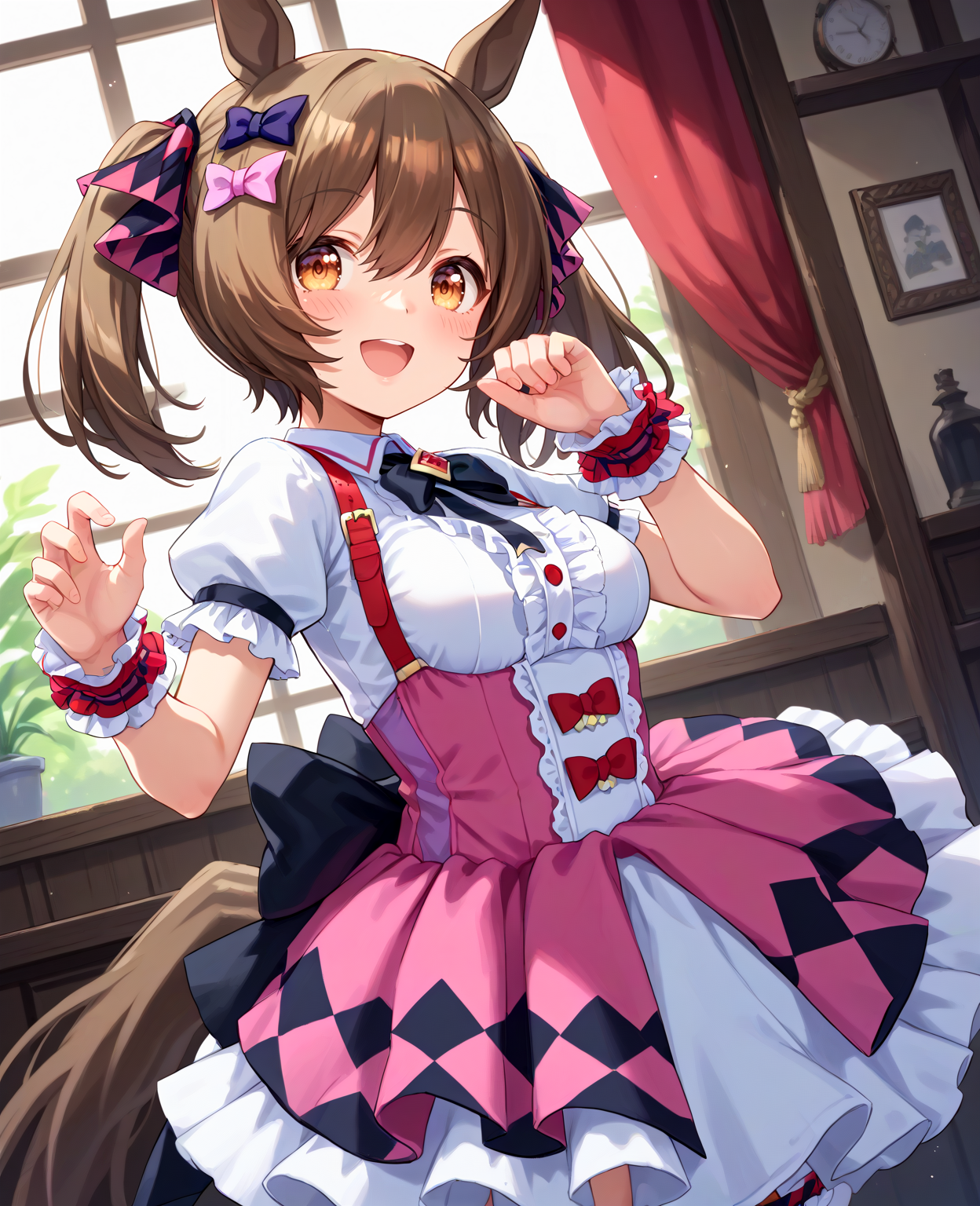 score_9, score_8_up, score_7_up, 1girl, (looking at viewer:1.2), (open mouth:1.0), smile, blush, patterned background,, (dynamic pose:1.2),, (dutch angle:1.2),
<lora:pony_smart_falcon_v1.01:0.9>, smart falcon \(umamusume\), horse ears, horse tail, medium breasts, twintails,
puffy short sleeves, white shirt, white layered skirt, pink corset skirt, red suspenders, plaid pattern hair ribbon, red kneehighs, bridal garter, wrist cuffs, black bowtie, low back multicolored ribbon, hairclip, red ribbon, center frills, ,
,