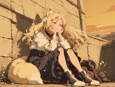 masterpiece,best quality,amazing quality, illustration, lineart, sharp lines, bold lines, thick lines, clean lines, clean linework, soft colors, outlines, retro, vintage, 
  bioluminescent, sunset,  wind, fluttering clothes,   
1girl, flowers in hair,     blonde hair,  light black eyes,   thick eyebrows,         chains, restricted, collar, ,  large monster tail, fox ears, bruises, 
sitting, leaning against wall,, :portrait, upper body,, hands on cheek, full body,
dark gray clothes, cosmic print,   mismatched footwear,      hair ornament,
wool   mesh Feathered victorian skirt,
            shattered,  
<lora:anime_screencap:0.6> <lora:S4bit4mago:1> S4bit4mago_illu, <lora:- iLL - the_edgy_mech_V3.0:0.6> <lora:ill_yukimi_styleV1:0.2> <lora:StS-Illustrious-Detail-Slider-v1.0:3> <lora:MIAOMIAO_A2:0.2> miaomiao_liulifa, <lora:monogatari_style_IllustriousXL:0.6> monogatari_style, <lora:poetic_justice:0.6> crdhrs2 <lora:feet_anime_il_v2:1> <lora:WhiskyStyleV2:0.2>