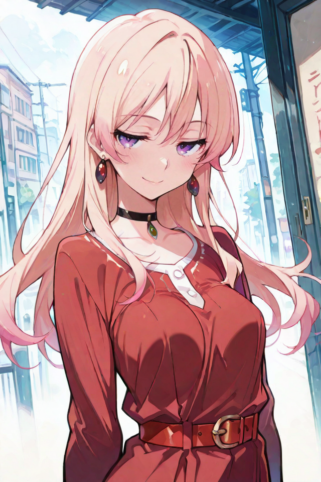 PonyScores, Expressiveh, (score_9, score_8_up, score_8, ASCII score_9), Rating 9, Rating 8, Rating 7, (masterpiece, best quality:1.2), 1girl, solo, (beautiful anime girl:1.3), (wakatsuki niko style), front view, eye-level, long blonde hair, pink highlights, purple eyes, red dress, long sleeves, black choker, (seductive smile), (natural breasts), blush, (dynamic pose), red belt, (arms at sides), (arms relaxed), (hands by sides), seductive smile, blonde hair, pink hair, multicolored hair, gradient hair, looking at viewer, long hair, <lora:WakatsukiNikoillusApexAi:0.7>, <lora:ponyv6_noobV1_2_adamW:1>