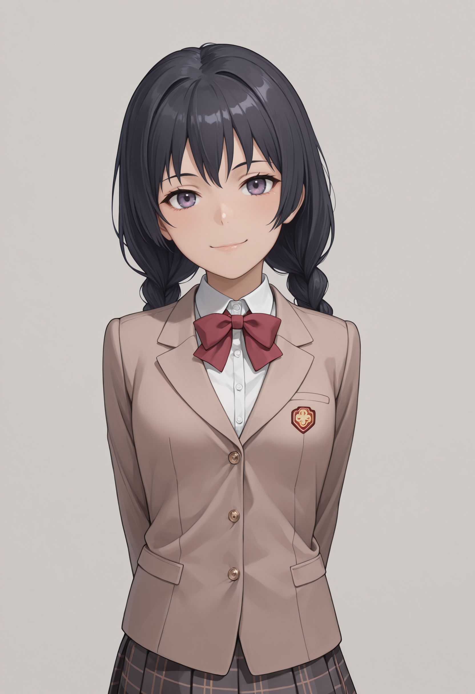 masterpiece,best quality,absurdres,highres,very aesthetic,high quality,detailed,insanely detailed,beautiful, arms behind back, smile, upper body, looking at viewer, solo, simple background, white background
 <lora:Awatsuki Maaya illu:1> 1girl, black hair, long hair, braid, twin braids, purple eyes, tokiwadai school uniform, winter uniform, red bowtie, brown jacket, dress shirt, white shirt, collared shirt, long sleeves, plaid skirt, pleated skirt, miniskirt,