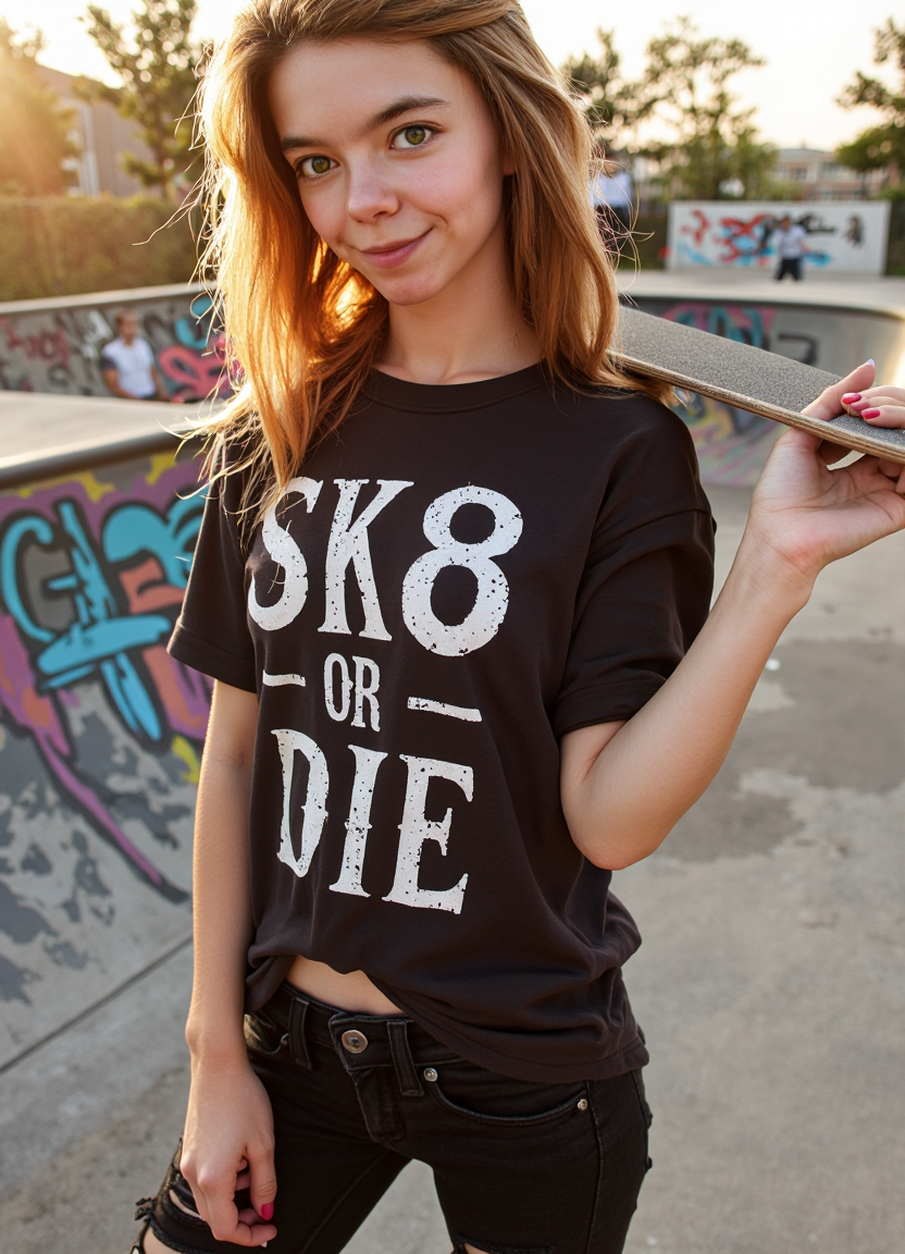 SFW, brightly lit, aidmaimageupgrader,  A hyperrealistic, close up portrait of a badass skater girl standing confidently on a graffiti-covered skatepark ramp, holding her skateboard over one shoulder. She wears a loose oversized band tee with the text "SK8 OR DIE" written on it, ripped black jeans, her grip tape-scratched skateboard covered in stickers and scuffs. Her hair is messy, casually tousled, a few strands falling over her intense gaze, as she smirks slightly at the camera. The warm golden light of the late afternoon sun casts long shadows, while the faint blur of other skaters in motion creates an energetic urban backdrop. Extreme realism in facial details, rich textures in clothing and skate gear, dynamic composition with cinematic lighting<lora:pony\Letha_Weapons_Pony_-_Adult_Actress_and_Model.safetensors:1.0:1.0> <lora:flux\custom\adult\lina-rose.safetensors:1.09:1.09> <lora:turbo-8-step-flux.safetensors:0.5:0.5> <lora:flux\style\Common\aidmaImageUprader-FLUX-v0.3.safetensors:0.25:0.25>