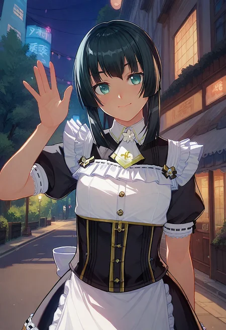score_9, score_8_up, score_7_up, score_6_up, source_anime, 1girl, solo, head close-up,  Mafuyu, Sofia maid outfit, smile, looking at viewer, waving at viewer, in a street full of wooden buildings, at dim and dark night, colorful