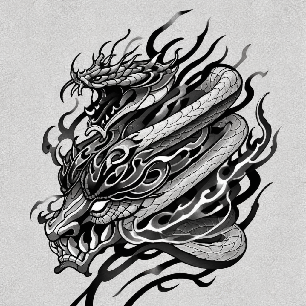 <lora:1y0n:0.8>1y0n beast flames snake, 
monochrome, tattoo design