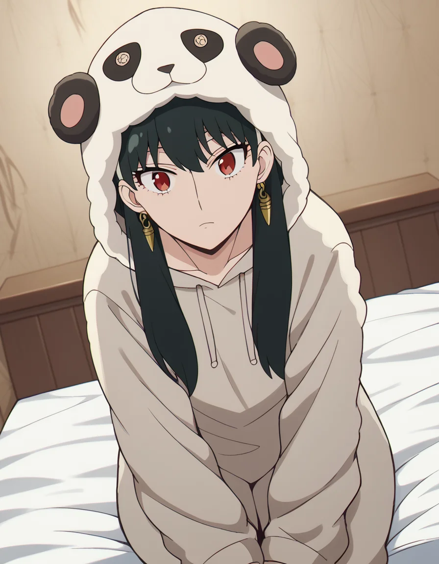score_9, score_8_up, score_7_up, source_anime, yorbriar, <lora:yor-briar-s1-ponyxl-lora-nochekaiser:1>, yor briar, black hair, red eyes, earrings, white hairband, hairband, long hair, sidelocks,, <lora:kigurumi-ponyxl-lora-nochekaiser:1>, kigurumi, animal hood, animal costume, cosplay, rabbit costume, dragon costume, bear costume, dinosaur costume, sheep costume, cat costume, dog costume, panda costume, tiger costume,, indoors, bed, bed room, sitting, , looking at viewer, solo, cowboy shot, dutch angle