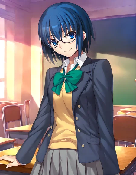 <lora:pony_xl_ciel_v2:0.8>,ciel,1girl,best quality,masterpiece,super fine illustration,solo,glasses,school uniform,jacket,long sleeves,grey skirt,pleated skirt,skirt,socks,smile,classroom,school_desk,chair,