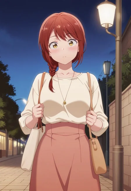 masterpiece,best quality,amazing quality, mitsuya yui, red hair, yellow eyes, long hair, 1girl, solo, braid, lamppost, night, bag, necklace, skirt, outdoors, handbag, sky, jewelry, shirt