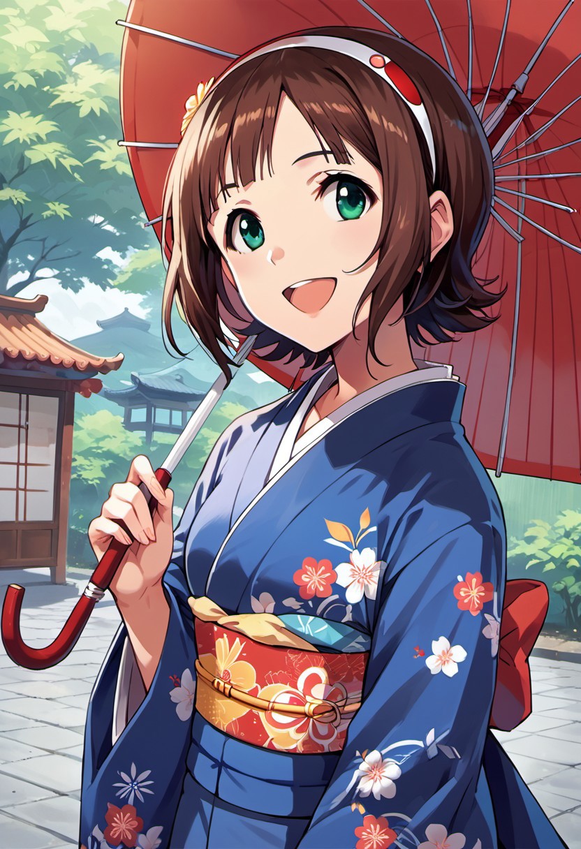 score_9, score_8_up, score_7_up, source_anime,amami haruka, short hair, brown hair, green eyes, 1girl, umbrella, japanese clothes, smile, solo, open mouth, kimono, parasol, :d, hairband