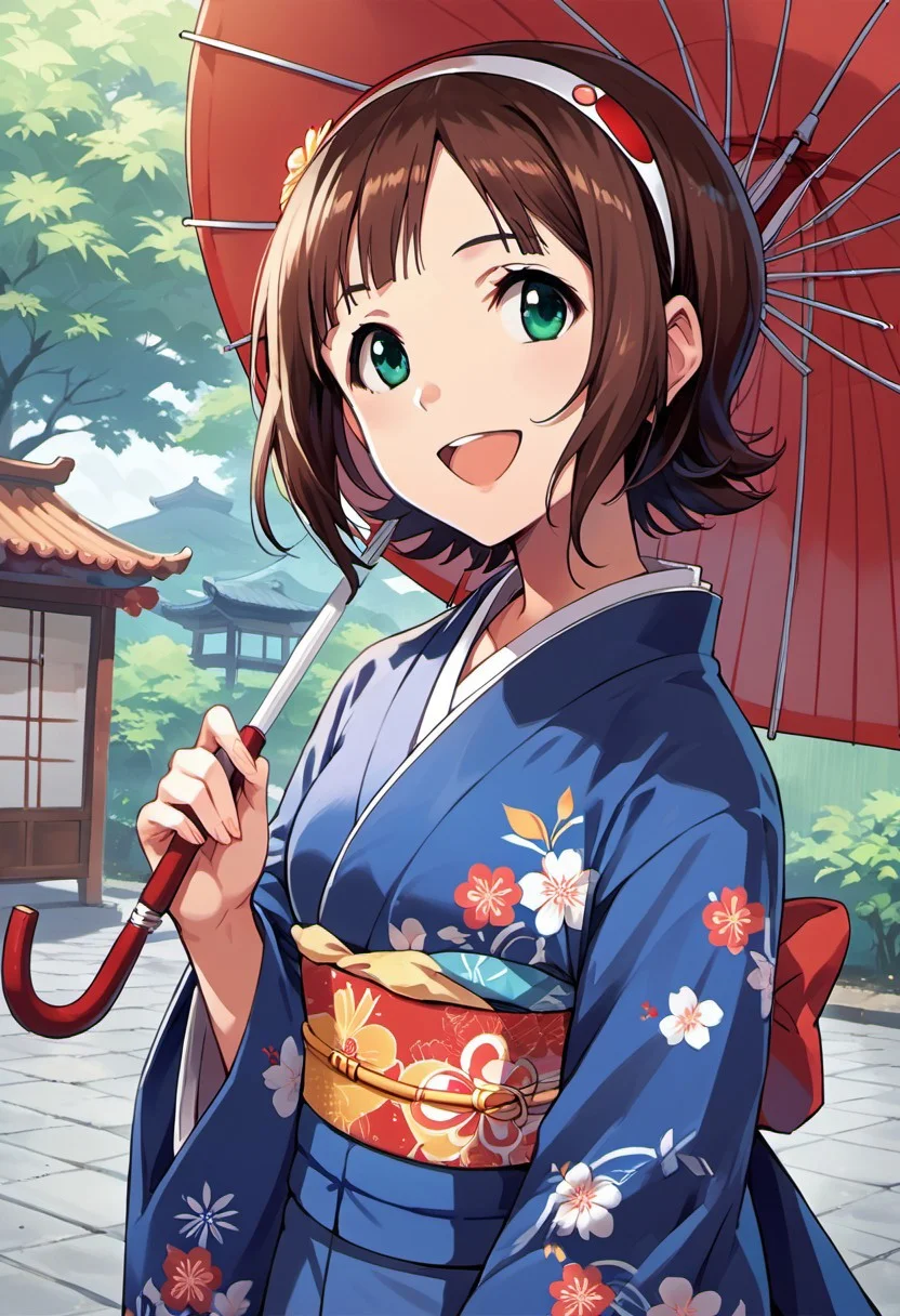 score_9, score_8_up, score_7_up, source_anime,amami haruka, short hair, brown hair, green eyes, 1girl, umbrella, japanese clothes, smile, solo, open mouth, kimono, parasol, :d, hairband