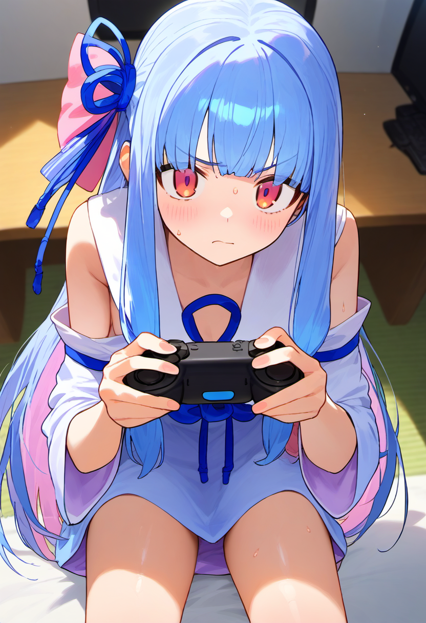 <lora:aoi_pony_v1:1>, score 9, score 8 up, score 7 up, source anime, kotonoha aoi, indoors,  playing games, leaning forward, frustrated, sitting, sweat,