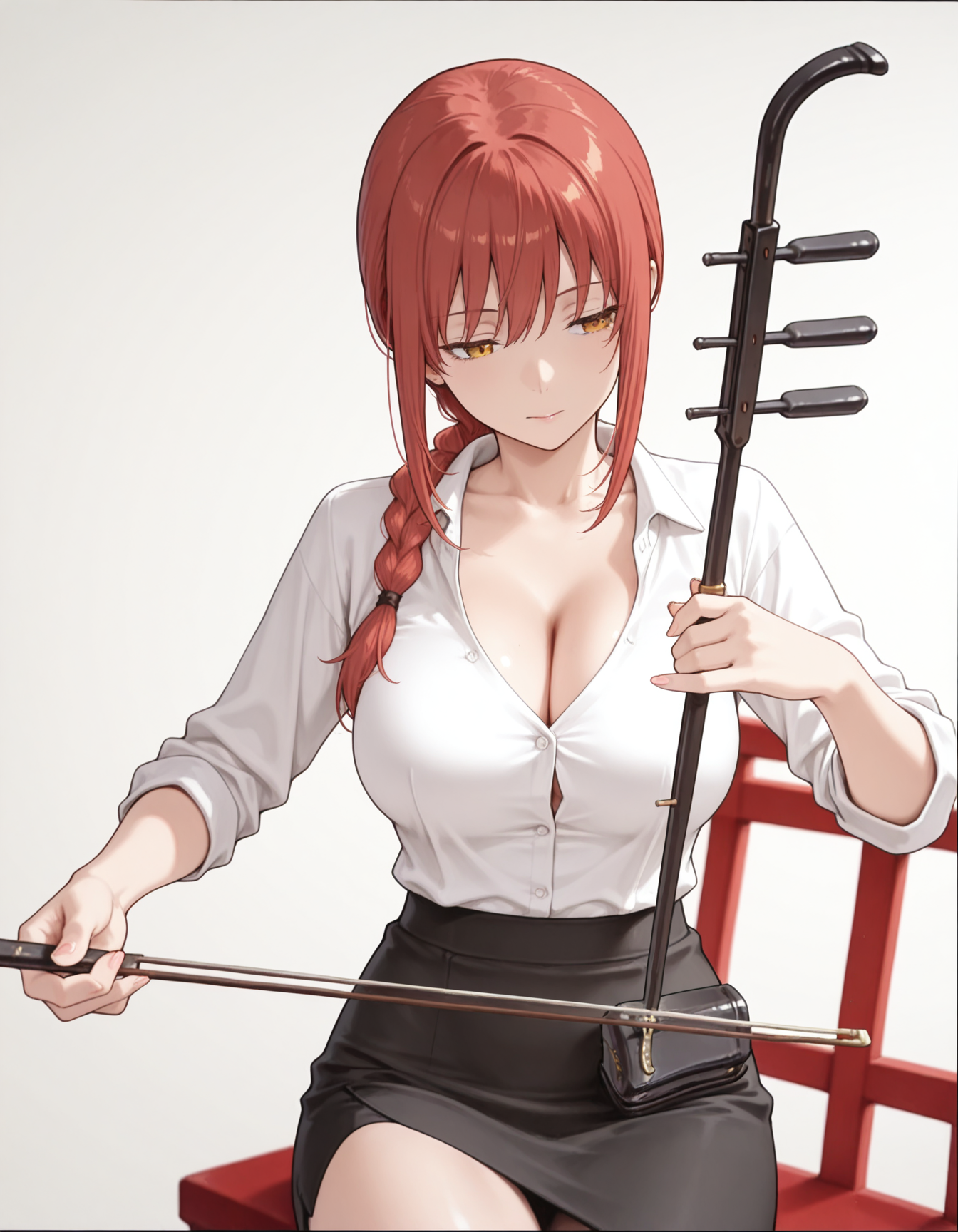 masterpiece,best quality,amazing quality,very aesthetic,high resolution,ultra detailed,perfect details,anime coloring,<lora:mai_ki_style:0.7>,mai_ki_style,<lora:mai_Ink_style:0.5>,traditional media,
simple background,grey background,
<lora:mai_playing_erhu:1>,mai_playing_erhu,sitting,holding,
<lora:makima_mai:1>,makima,mai_style,