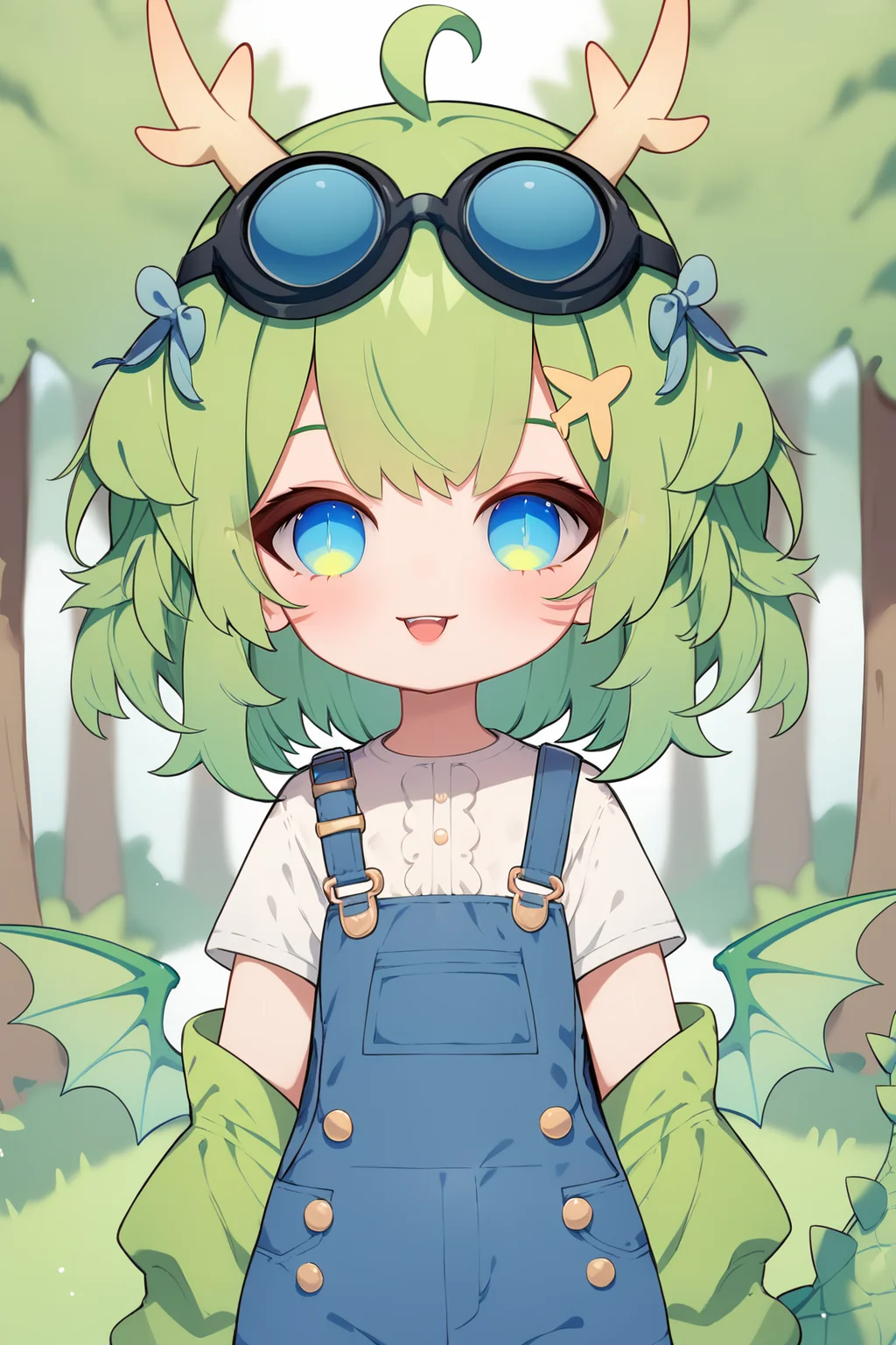 score_9, score_8_up, score_7_up, score_6_up, BREAK, DragonGirlPVTXLv2, blue eyes, multicolored eyes, green hair, short hair, hair ornament, bangs, ahoge, googles on head, horns, flat chest, dragon tail, green wings, green jacket, off shoulder jacket, white shirt, short sleeves, blue overalls, solo, front view, (portrait, upper body), solo focus, looking at viewer, seductive smile, (forest),  <lora:DragonGirlPVTXLv2:0.9>