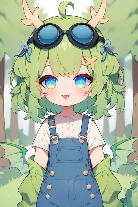 score_9, score_8_up, score_7_up, score_6_up, BREAK, DragonGirlPVTXLv2, blue eyes, multicolored eyes, green hair, short hair, hair ornament, bangs, ahoge, googles on head, horns, flat chest, dragon tail, green wings, green jacket, off shoulder jacket, white shirt, short sleeves, blue overalls, solo, front view, (portrait, upper body), solo focus, looking at viewer, seductive smile, (forest),  <lora:DragonGirlPVTXLv2:0.9>