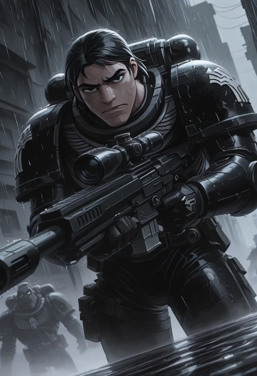 masterpiece, best quality, high quality, newest, highres,8K,HDR,absurdres, dynamic angle, realistic, 1boy, wearing edgRG_(power armor), pauldrons, raven emblem, solo, 1boy, kevin Levin, KevLev, black hair, black eyes, perfect eyes, holding a sniper, silhouette, skyline, creepy, backlit, haunted, lightnings and thunders, rain, rainy, fog, mist, cold, dutch angle, dark interior, solo, close up, mid shot, dutch angle, <lora:edgIllustriousXL_Raven_Guard:1>