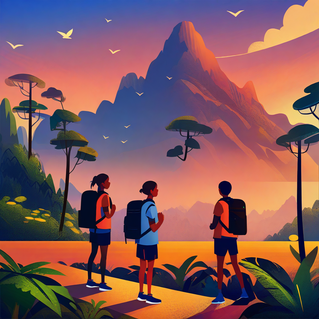 illustration,outdoors,sky,shorts,cloud,dark skin,bag,tree,bird,backpack,plant,scenery,sunset,mountain,wide shot,mountainous horizon,masterpiece,best quality,
<lora:scenery illustration:1>,