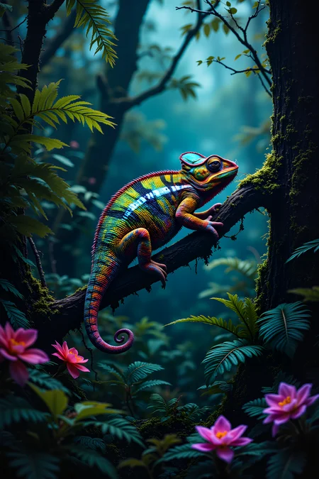 In a mist-covered rainforest, an enormous, iridescent chameleon clings to the trunk of a towering tree, its vibrant, shifting colors blending seamlessly with the lush greenery around it. The chameleonâs wide, yellow eyes move independently of each other, scanning the dense foliage for any sign of movement, while its long, prehensile tail curls tightly around the tree branch for balance. The rainforest is alive with the sounds of dripping water, rustling leaves, and distant bird calls, all echoing through the thick, humid air. Massive ferns and glowing, bioluminescent flowers fill the underbrush, their neon hues adding an otherworldly glow to the already vibrant landscape. Above, the canopy is a thick tangle of branches and vines, allowing only faint rays of sunlight to filter through and create dappled patterns on the forest floor below. A soft mist rises from the ground, clinging to the plants and casting a hazy, dreamlike quality over the entire scene. The chameleonâs long, sticky tongue darts out, snatching a passing insect from the air with lightning speed, before it slowly begins to shift its colors once more. The scene feels alive with the pulse of the jungle, a hidden world teeming with vibrant, reptilian life. , detailed background Fantastic lighting. Detailed shadows.intricate details, vivid colors, hyper-detailed, ultra-sharp, , , <lora:OBInstant camera portrait photography V2.0:0.4>, <lora:Dark side of light:0.55>, <lora:aidmaFLUXPro1.1-FLUX-v0.3:0.4>, <lora:Glitchcore_Flux:0.7>