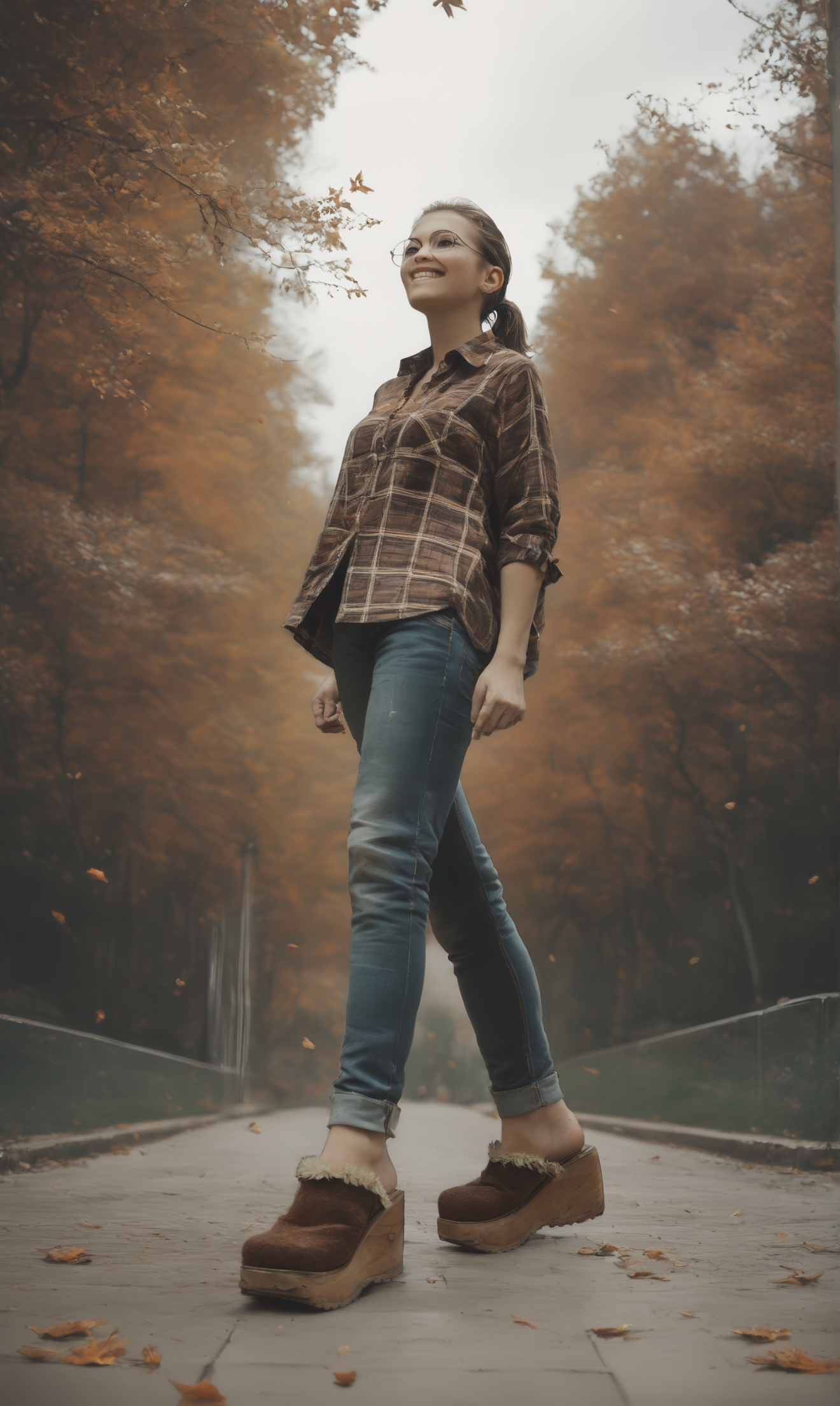 score_9, score_8_up, score_7_up, score_6_up, source_anime,
low angle, from below, from side,
autumn, outdoors, park,
1girl, 
walking, arms out, looking up, happy,
flannel shirt, jeans, round glasses, ponytail, brown hair,
sherpa clogs, platform footwear,
embedding:zPDXLrl ,
embedding:zPDXL2 ,