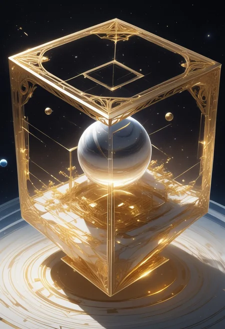 (masterpiece), best quality, Anime, (Floating Cube, (planet, outer space)), White Background, No Humans, Gold and White Theme, Gold Filigree, (Light Refraction), Symphtia-Style, Zyrnox-Exoterra Style