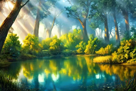 (masterpiece:1.2), (best quality,:1.2), 8k, HDR, ultra detailed, ((photorealistic)), professional light, cinematic lighting, fashion photography, ambient lighting, face lighting, <lora:detail_slider_v4:4.>, a small lake in a forest, sunlight, godrays, reeds, FanFo, <lora:FantasyForest-10:0.9>, epiCPhoto