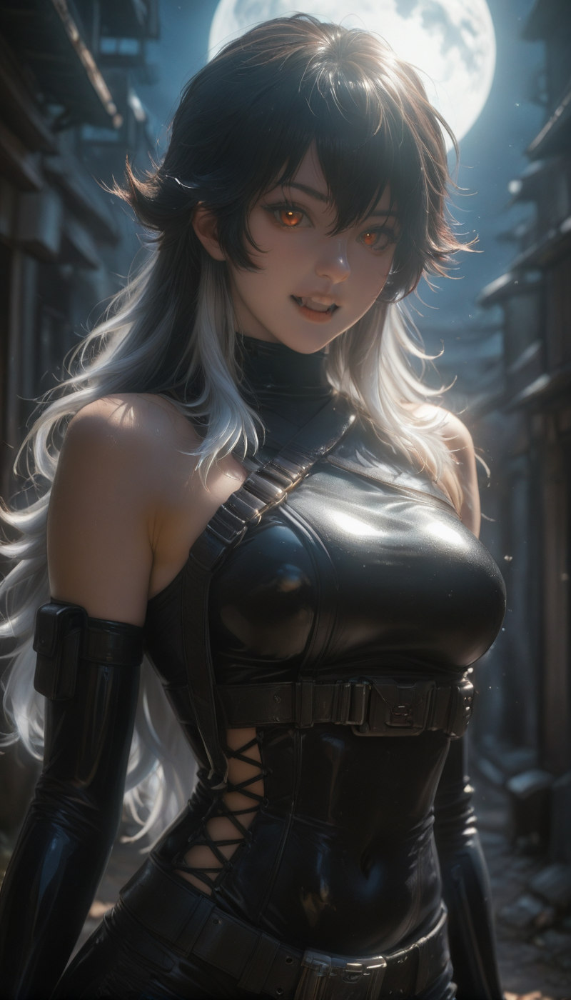 <lora:LCMTurboMix_Euler_A_fix:1> <lora:example_SDXL:0.3>, EZRealPONYXL, <lora:Dramatic Lighting Slider:3><lora:realistic filter [IL]:1>
DSLR,realistic,cosplay photo, (very awa,masterpiece,best quality,year 2024,newest,absurdres,highres:1), realistic,skin texture,facial features, photography shot with Canon EOS 5D Mark IV , realistic, RAW, best quality, masterpiece, amazing quality, skin details,
1girl, highly detailed beautiful face, large natural breasts,
detailed background, shiny skin, dutch angle, night, moonlight,
beautiful detailed eyes, intricate details, absurdres, anime screencap,
<lora:K_NIKKE_ILXL_kill0825:1>
Nikke_K, 1girl, solo, long hair, breasts, looking at viewer, smile, open mouth, simple background, black hair, white background, hair between eyes, bare shoulders, very long hair, medium breasts, upper body, white hair, grey hair, multicolored hair, sidelocks, teeth, detached sleeves, sleeveless, belt, two-tone hair, v-shaped eyebrows, orange eyes, covered navel, gradient hair, bodysuit, fangs, buckle, skin tight, black belt, black sleeves, black bodysuit, colored tips, pillarboxed, long sleeves, fang, turtleneck, underbust