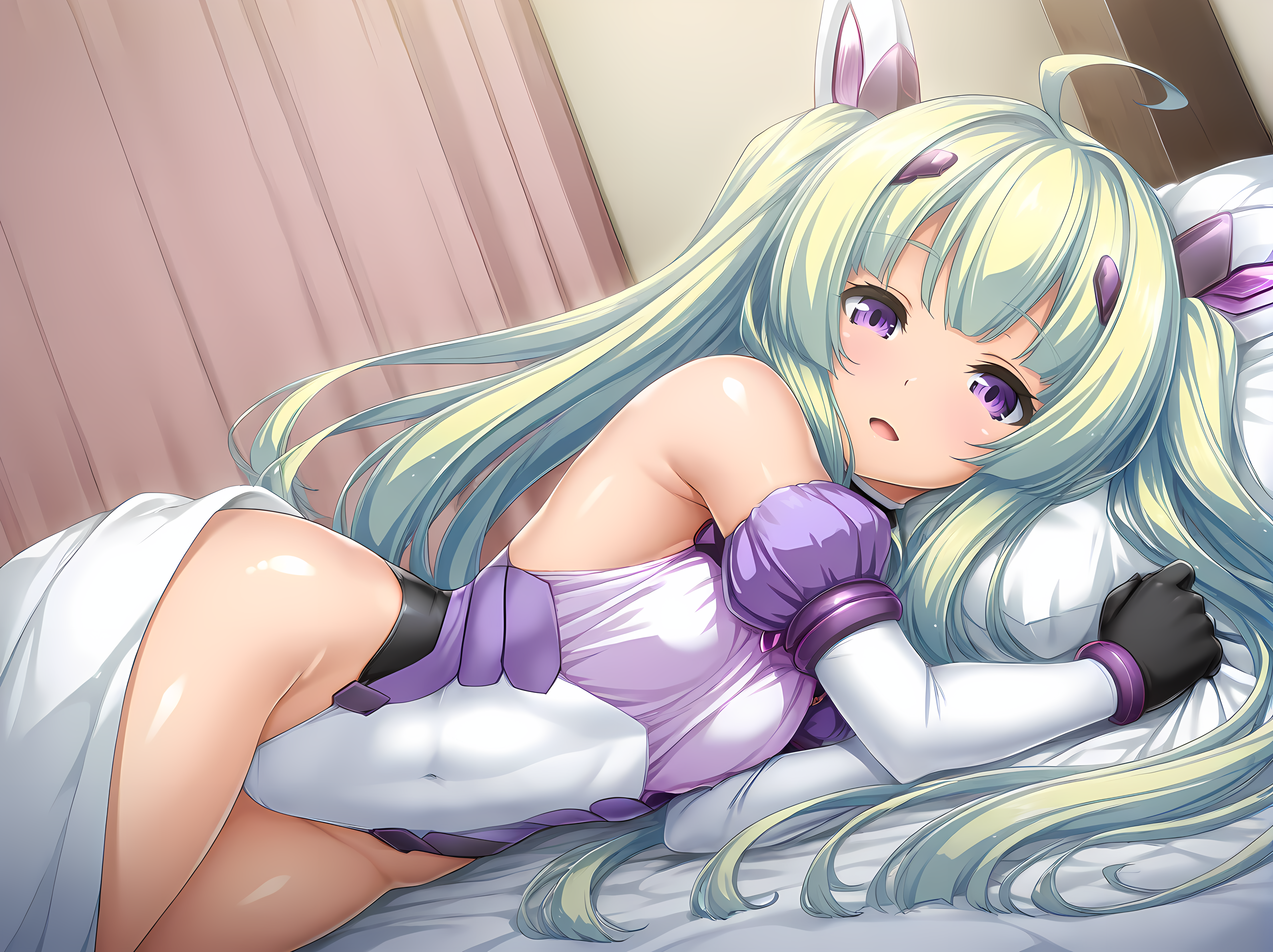 <lora:Yuri_Amakubo_-_Exstia_Illustrious:1>,lusterise,flora,purple eyes,twintails,very long hair,cowboy shot,smile,breasts,indoors,small breasts,breasts,elbow gloves,1girl,leotard,open mouth,sleeping,under covers,bed,bedroom,on bed,pillow,head on pillow,bed sheet,sheet grab,, masterpiece,best quality,amazing quality,