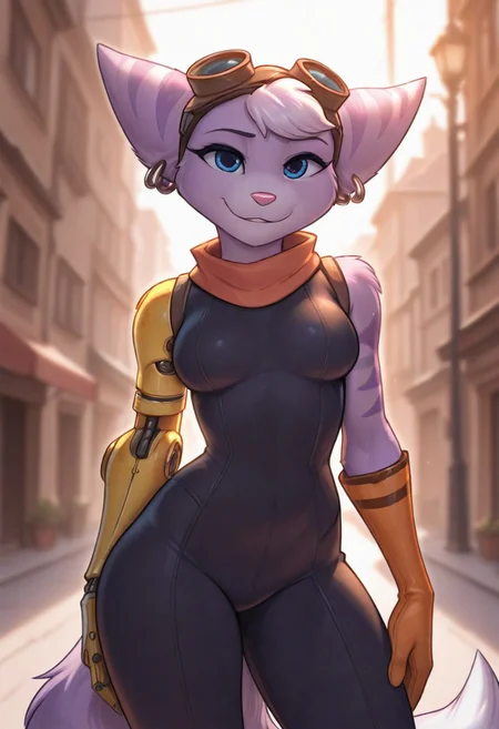 masterpiece,best quality,amazing quality,very aesthetic,absurdres,newest,cinematic lighting,backlit,backlighting,depth of field,soft colors,sc4rl.
standing confidently, smug smile, looking at viewer
1girl solo, rivet_ratchet_and_clank, anthro, female, grey and purple fur, tail, animal ears, furry, breasts, medium breasts, blue eyes, black bodysuit, scarf, goggles, prostetic arm, orange glove, earrings, (masterpiece, best quality, official art), (1 girl), city, streetlights, golden hour lighting, front view