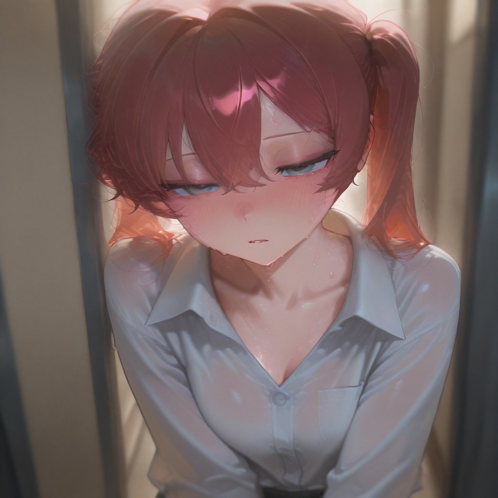 1girl, solo, emotionless, tear, sweat, shameful, blush, masterpiece, opened mouth, sleepy, best quality, pigtail hair, white dress shirt, red hair