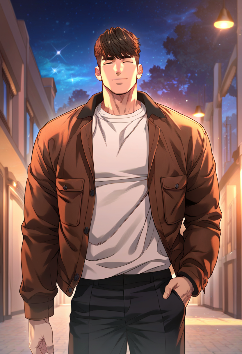 1boy, male focus, solo,
<lora:Character - Questism - Kang_Seok:1> kangseok, short hair, black hair, closed eyes, bara
,((zPDXL)), score_9_up, score_8_up, score_7_up, score_6_up, score_5_up, score_4_up, best quality, amazing quality, best aesthetic, amazing aesthetic, absurdres, year2023, uncensored, very nsfw, official art, official style, depth of field, detailed eye,
night, outdoors, standing, black pants, brown jacket, shirt, courtyard, 
<lora:Style - Expressive_H-000001:1> expressiveh